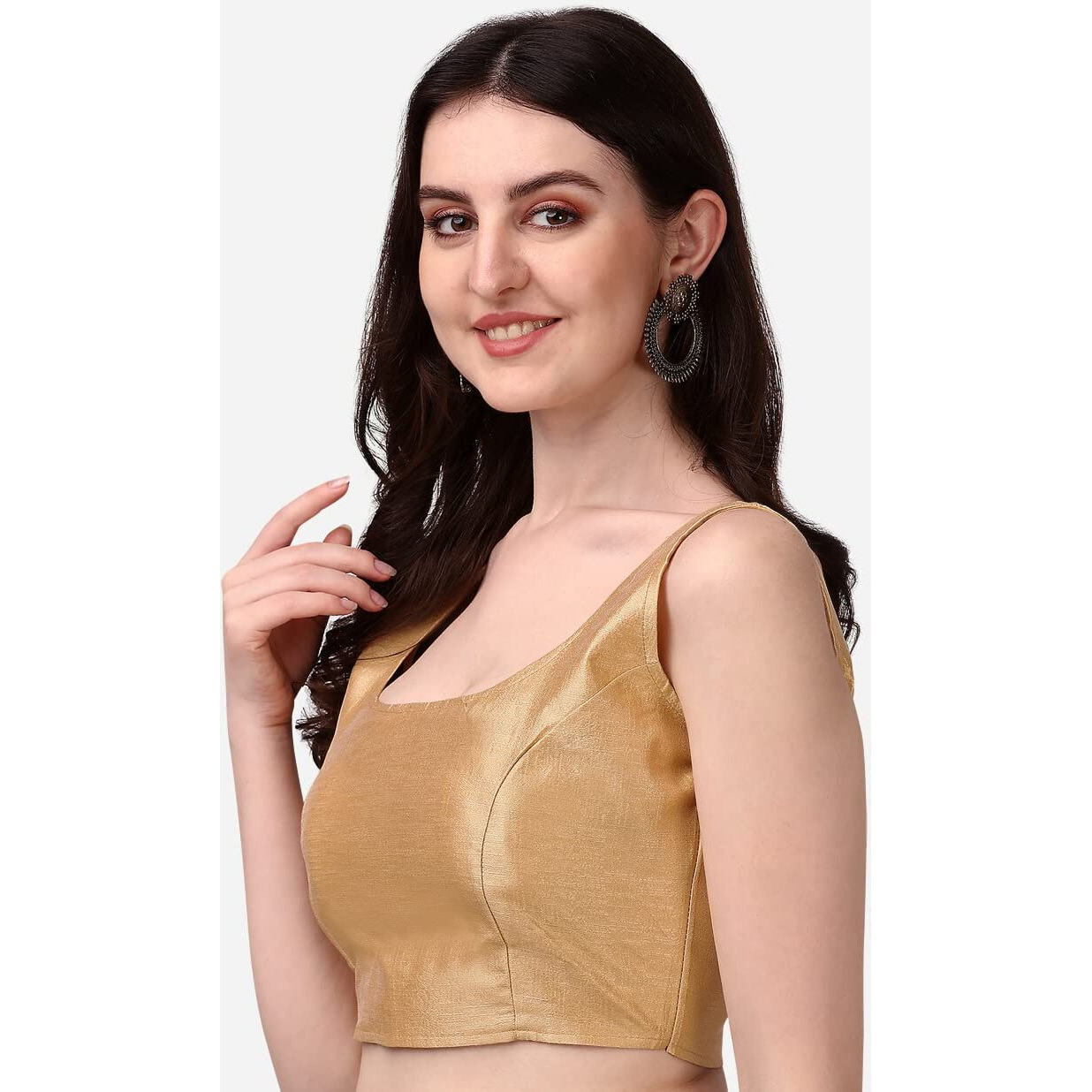 Pujia Mills Women's Deep Neck Silk Sleeveless Readymade Blouse (Sando Chiku, 34)