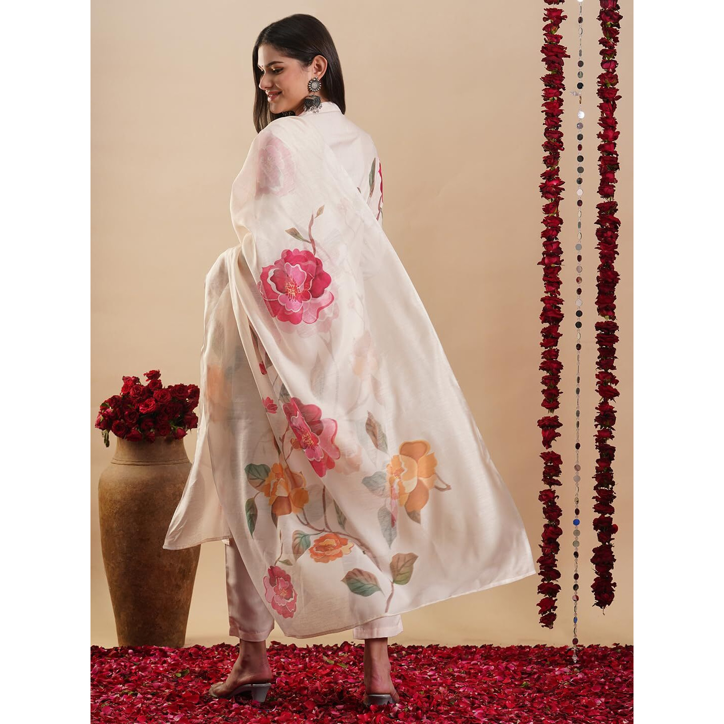 GoSriKi Women's Rayon Blend Straight Printed Kurta with Pant & Dupatta (MERLINO Cream-GS_3XL_Cream_XXX-Large)