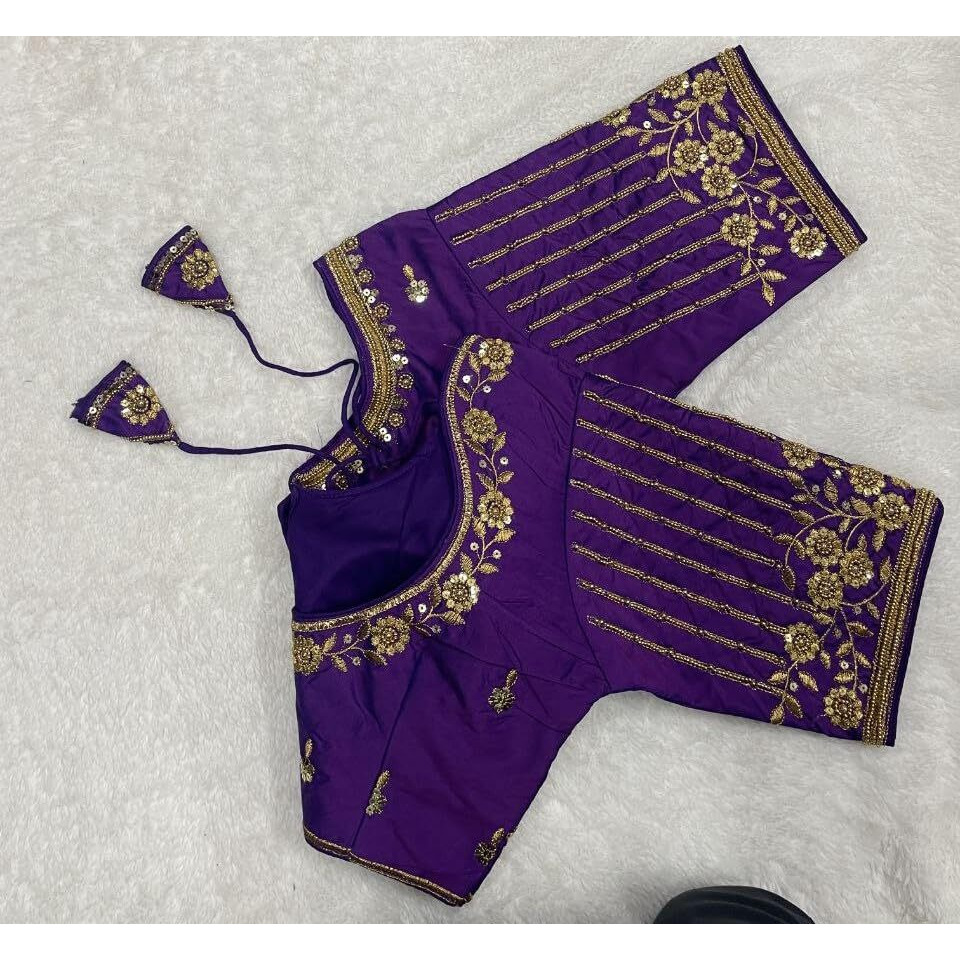 Pujia Mills Women's Readymade Bridal Embroidery Blouse Multi Coding maggam Work moti Work Indian Ethnic Designer Stitched Readymade Saree Half Sleeve Purple Blouse for Women for Saree Lehenga Choli
