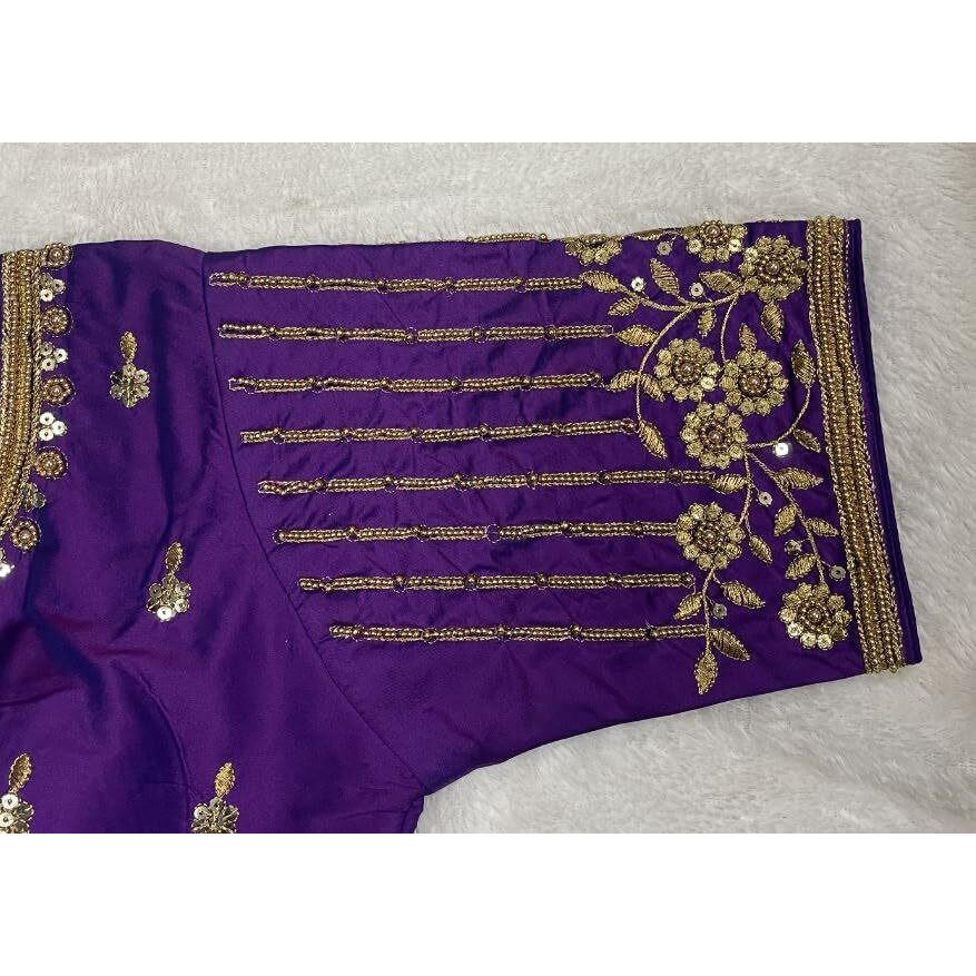 Pujia Mills Women's Readymade Bridal Embroidery Blouse Multi Coding maggam Work moti Work Indian Ethnic Designer Stitched Readymade Saree Half Sleeve Purple Blouse for Women for Saree Lehenga Choli