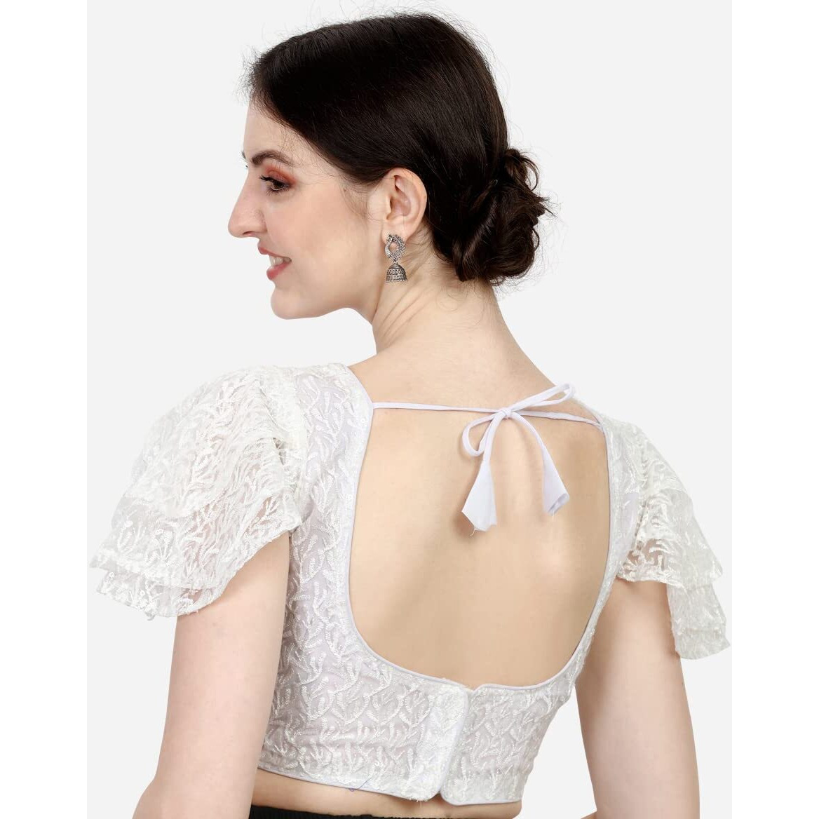 Pujia Mills Women's Shipali Net Work Ruffle Sleeves Readymade Saree Blouse (Shipli Jhadu White_White_38 Size + Margin)