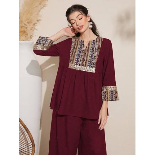 TADKEE Women's Geometric Printed Sequin Decorated Woven Fringe Two Piece Set | 3/4 Sleeve Co-ord Set (FN-Pop-Printed-Nack-Set-123-Maroon-L)