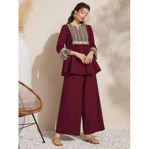 TADKEE Women's Geometric Printed Sequin Decorated Woven Fringe Two Piece Set | 3/4 Sleeve Co-ord Set (FN-Pop-Printed-Nack-Set-123-Maroon-L)