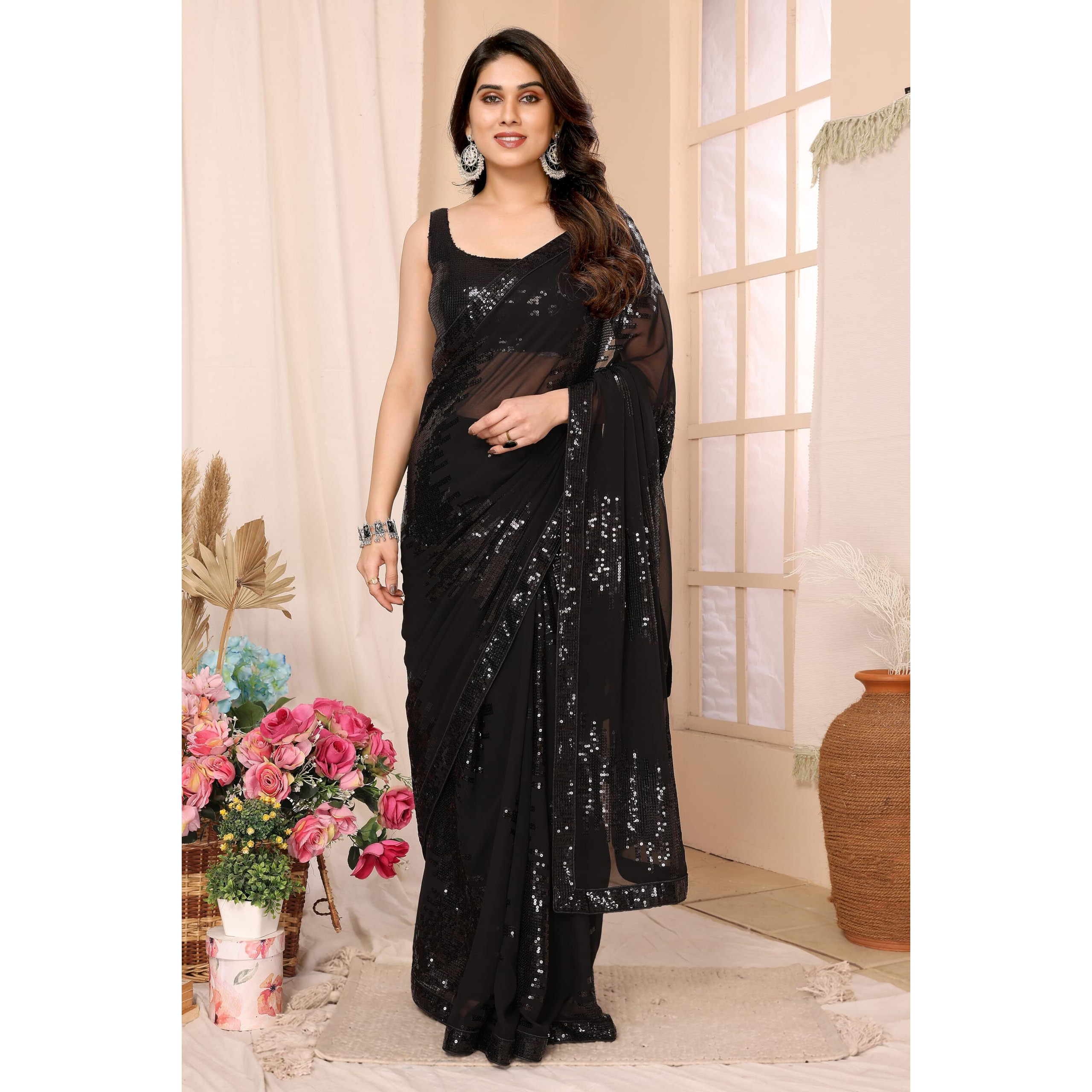 Ekasya Women Georgette With Sequence Black Ready to Wear Saree (E2051_2)