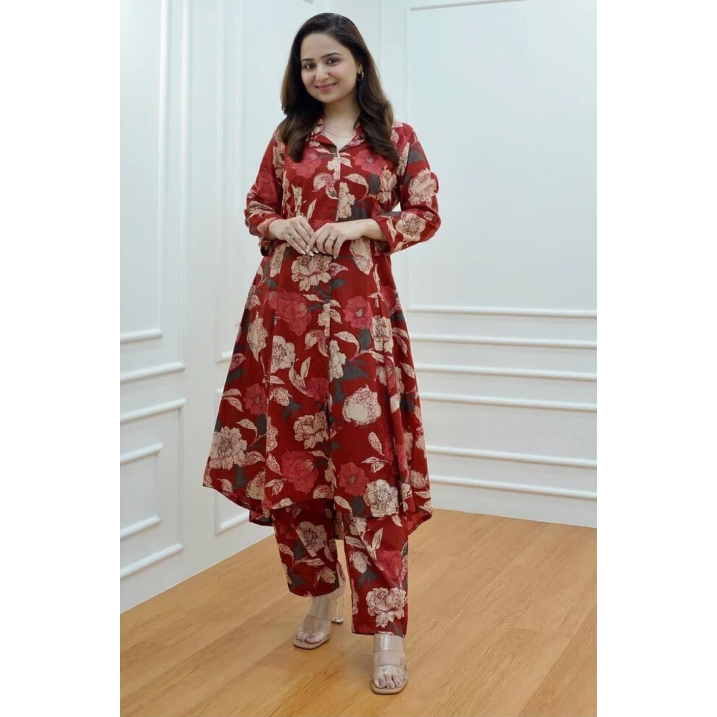 Leriya Fashion Rayon Ethnic Co Ord Set for Women Kurta Set for Women | 2 Piece Kurta Set | Kurta with Pant for Women (Large, Maroon) LF-W1840&TR897