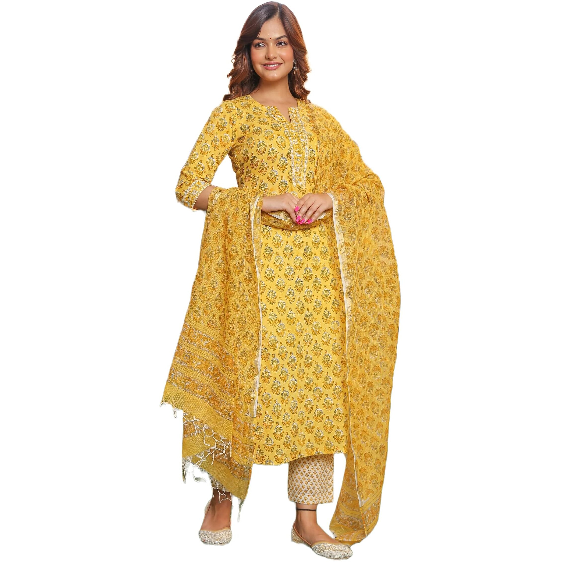 Alvami Viscose Women Printed Straight Kurta Pant with Dupatta Set, Yellow