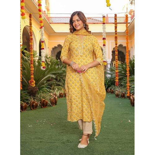 Alvami Viscose Women Printed Straight Kurta Pant with Dupatta Set, Yellow