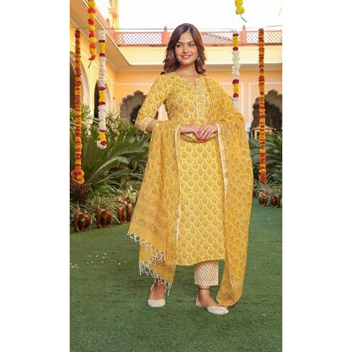 Alvami Viscose Women Printed Straight Kurta Pant with Dupatta Set, Yellow