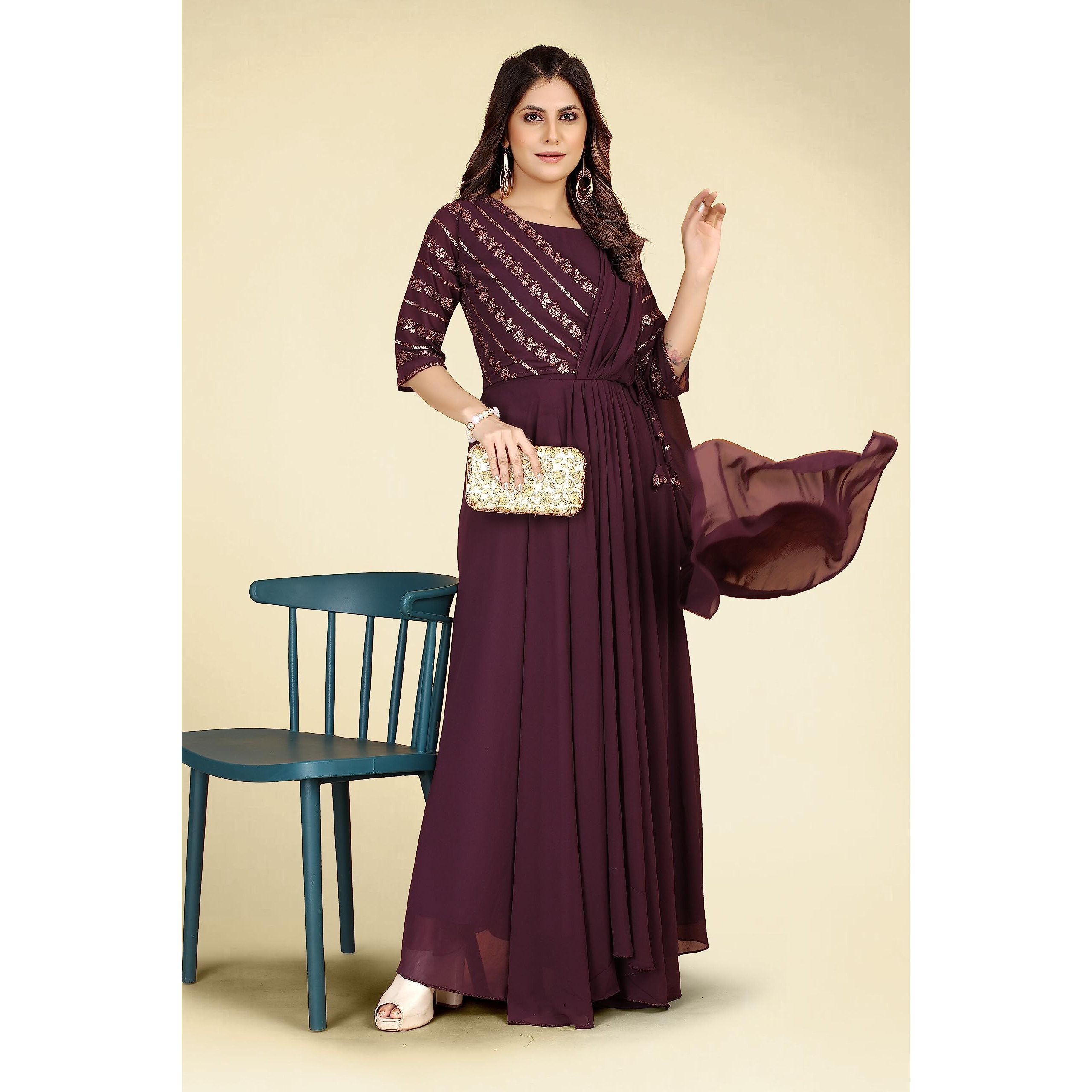 ROYALICA Gown for Women - Georgette Matt Sequence Embroidery Regular Fit A-Line Gown with Attached Dupatta for Women ((XXX-Large, Purple)