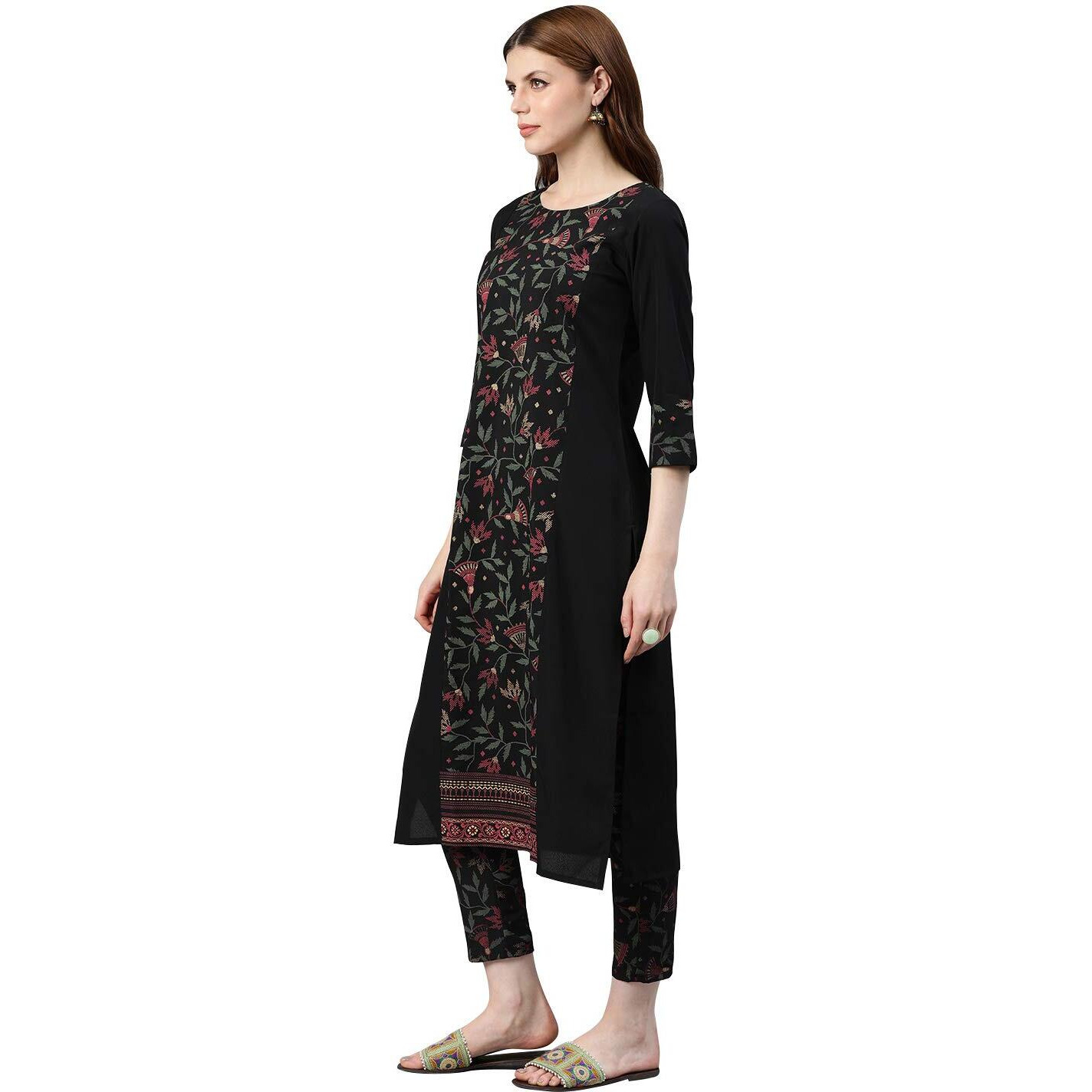 ZIYAA Women Crepe Floral Straight Kurta (ZIKUCR2831-XL) Black