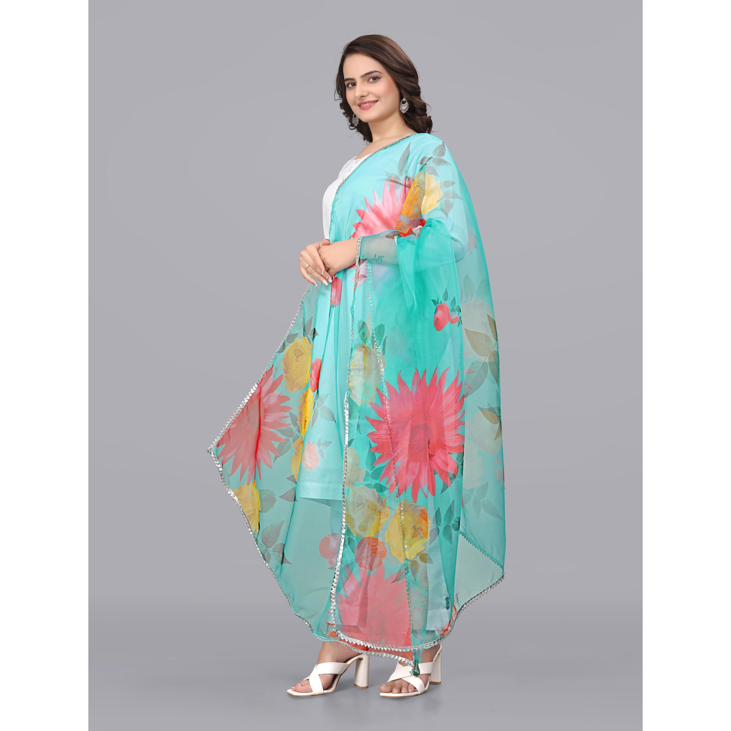 KEMZA Women's Multicolor Floral Printed Organza Dupatta (Sky Blue)