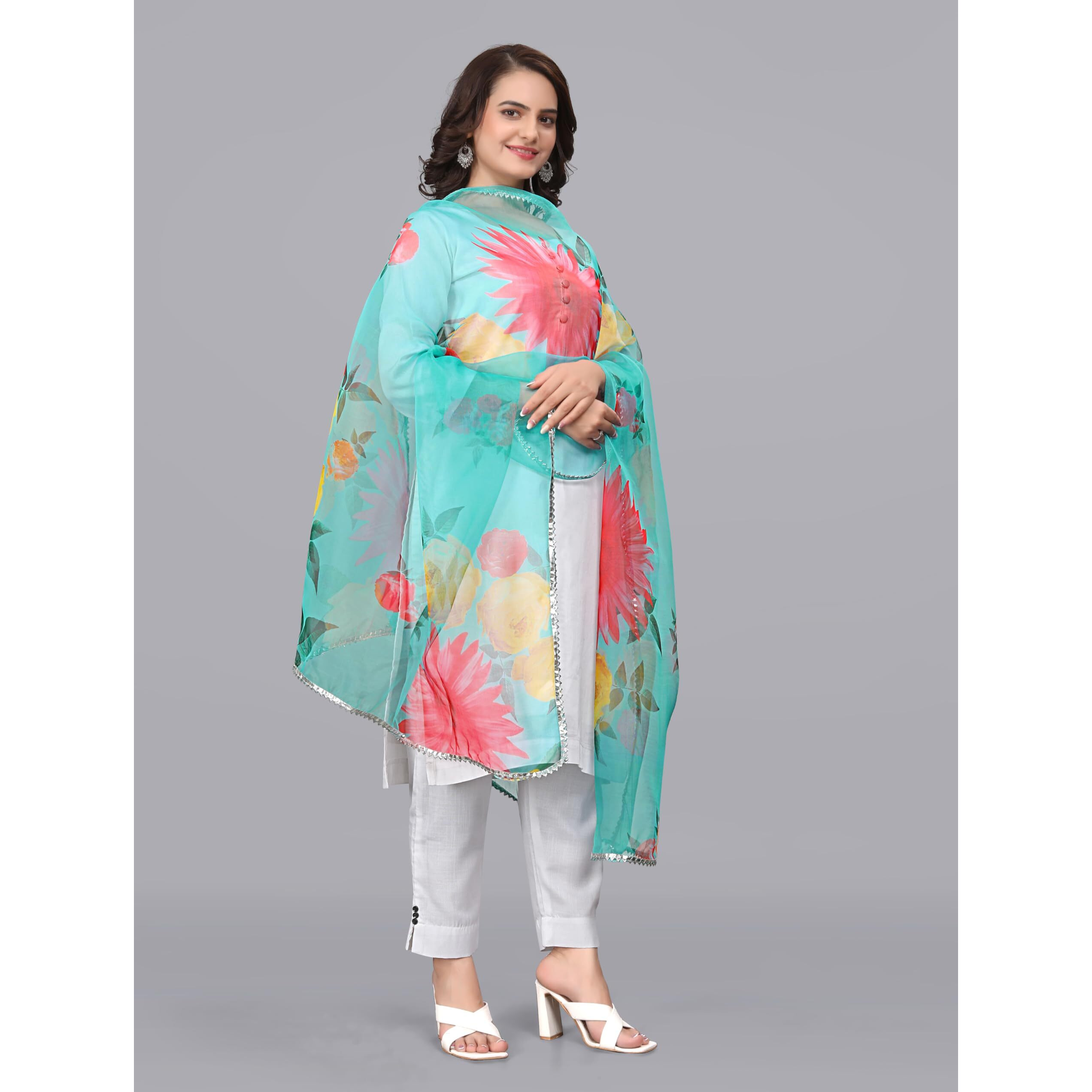 KEMZA Women's Multicolor Floral Printed Organza Dupatta (Sky Blue)