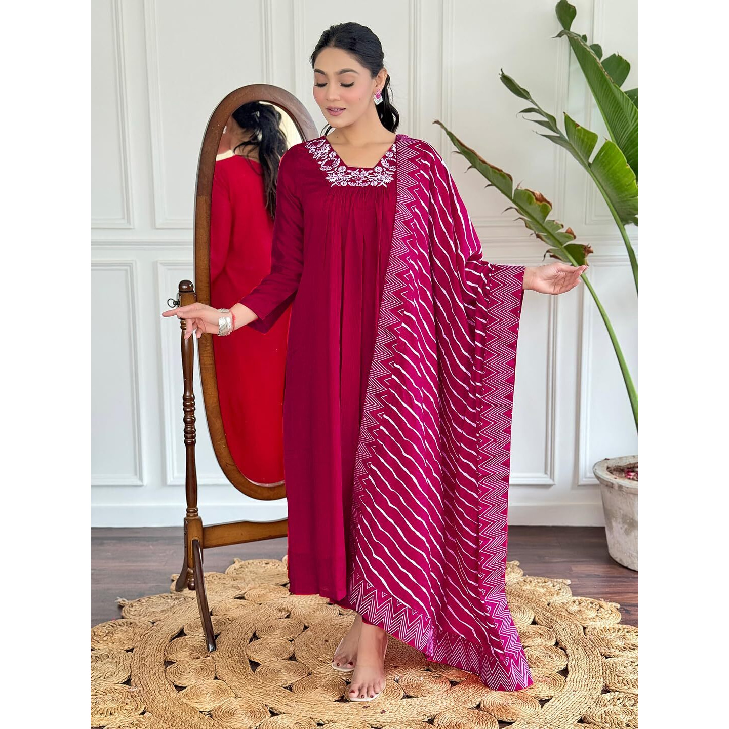Naixa Women's Gajri Silk Chiffon Embroidered Flared Kurta with Silk Chiffon Pant and Poly Chiffon Printed Dupatta Sets (NX-516-Gajri-XS)