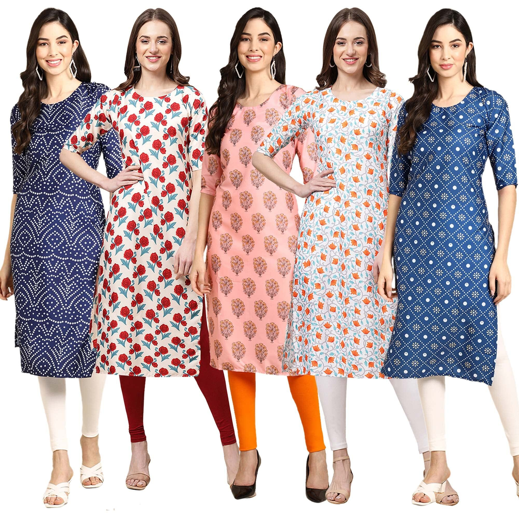 Pinkmint Women's Crepe Digital Print Straight Kurta (Pack of 5) [S-366-342-368-334-353-XXL]