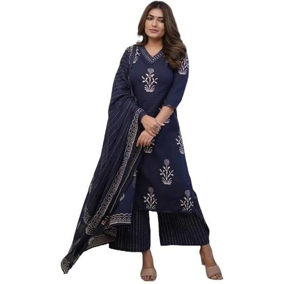 Nermosa Women Printed Straight Kurta and Pant Set with Dupatta | Suit | (IN, Alpha, M, Blue)