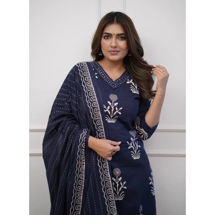 Nermosa Women Printed Straight Kurta and Pant Set with Dupatta | Suit | (IN, Alpha, M, Blue)