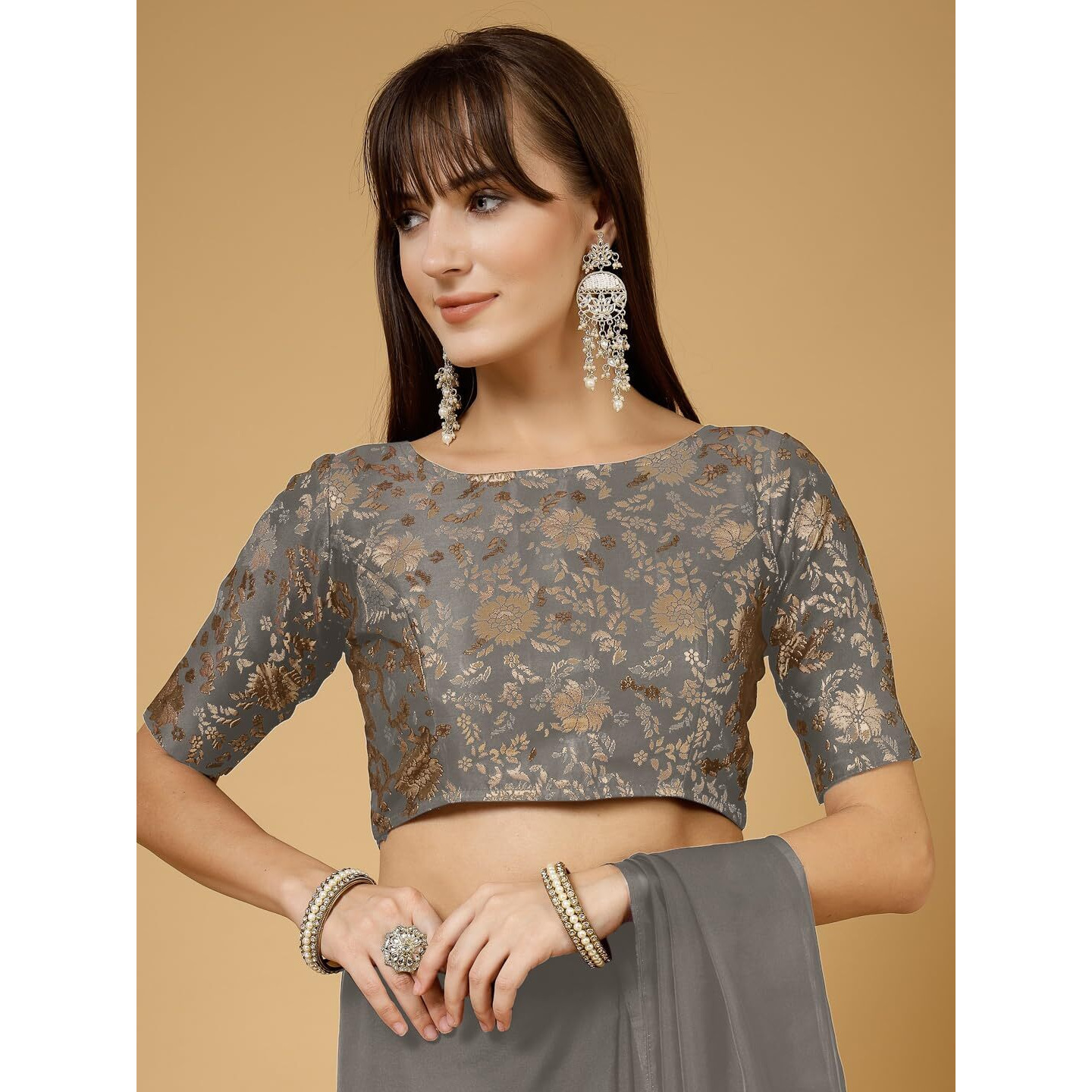 OOMPH Readymade Blouse for Women, Brocade, Boat Neck, rbbl504