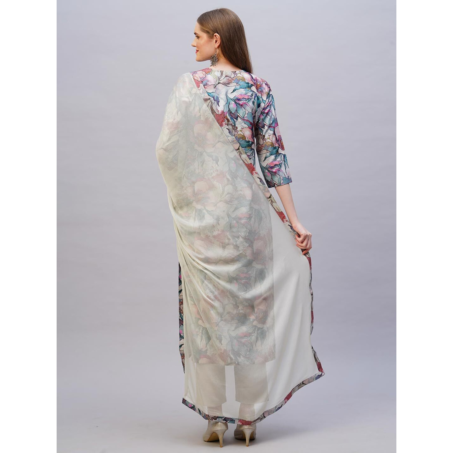 GoSriKi Women's Rayon Blend Printed Straight Kurta with Pant & Dupatta (Habibi Grey-NB-GS_3XL_Grey_XXX-Large)