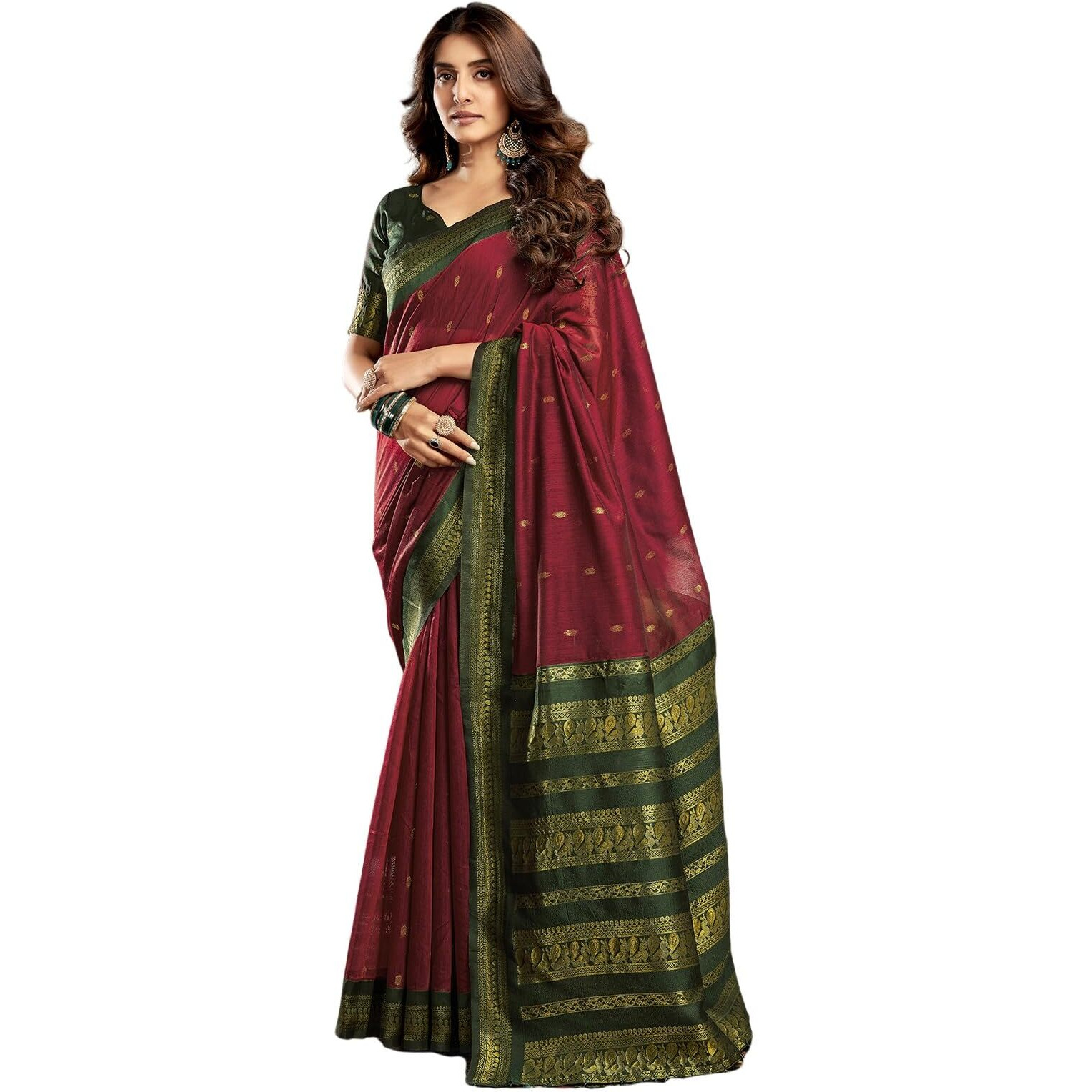 Satrani Women's Cotton Blend Banarasi Jacquard Saree with Unstitched Blouse Piece (3831S123N_Maroon & Dark Green)