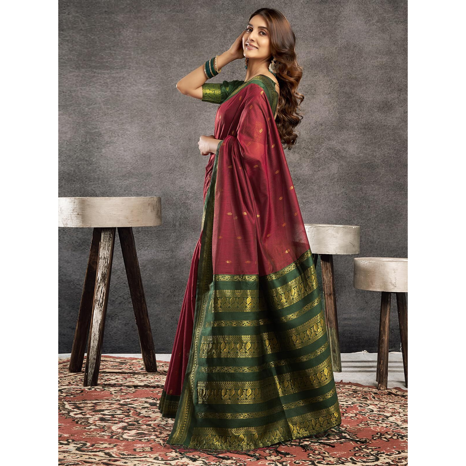 Satrani Women's Cotton Blend Banarasi Jacquard Saree with Unstitched Blouse Piece (3831S123N_Maroon & Dark Green)