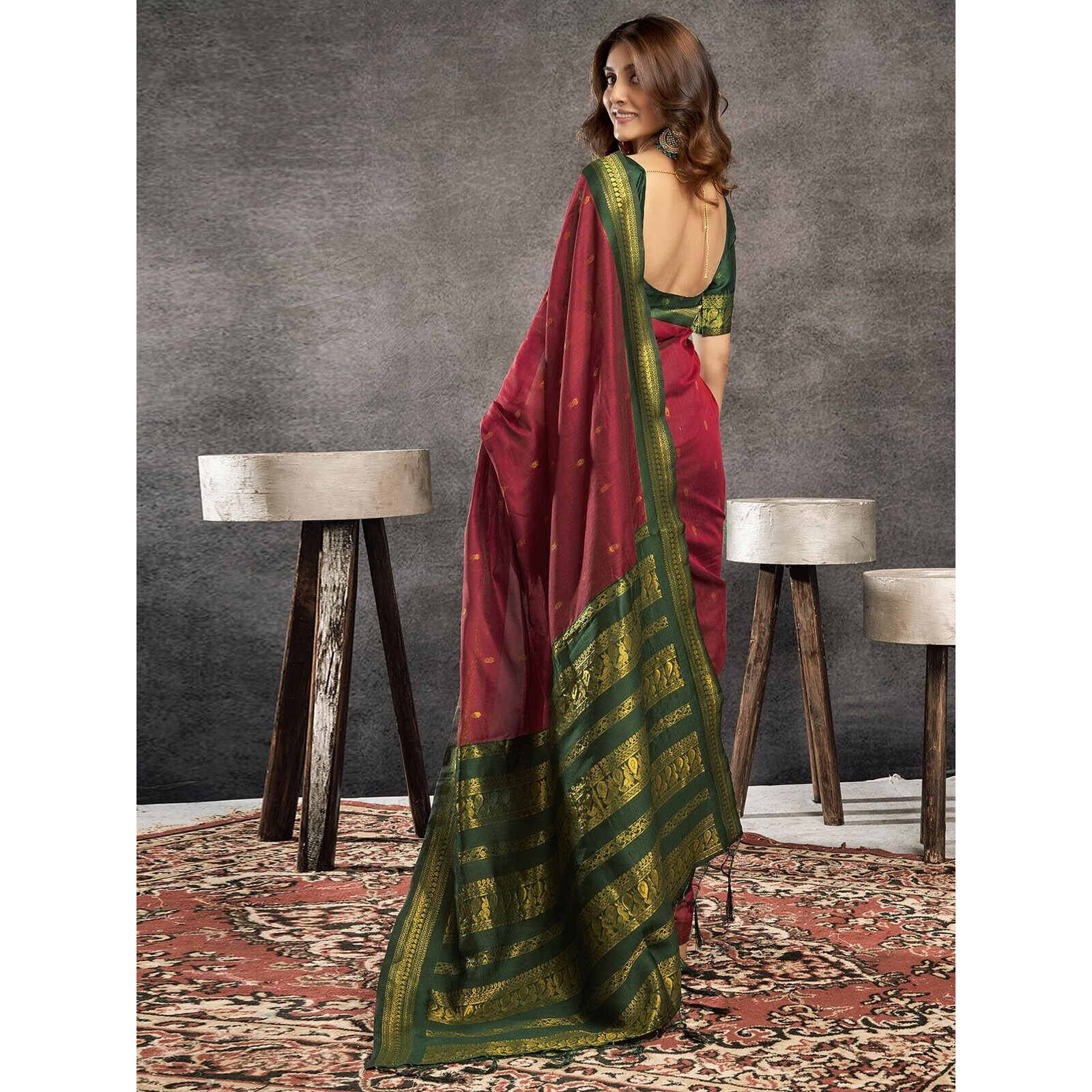 Satrani Women's Cotton Blend Banarasi Jacquard Saree with Unstitched Blouse Piece (3831S123N_Maroon & Dark Green)