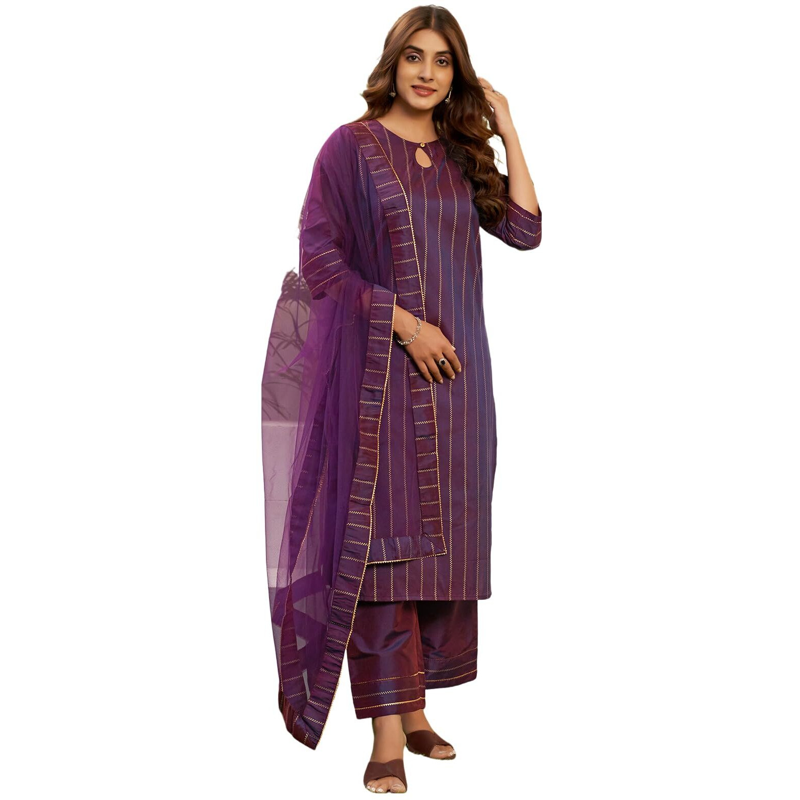 Sanisa Women's Silk Blend Foil Printed Gota Lace Dual Tone Straigth Kurta with Pant and Dupatta Set| Ethnic Set | Suit Set | Kurta Set(103KBD1127N-S_Deep Purple)