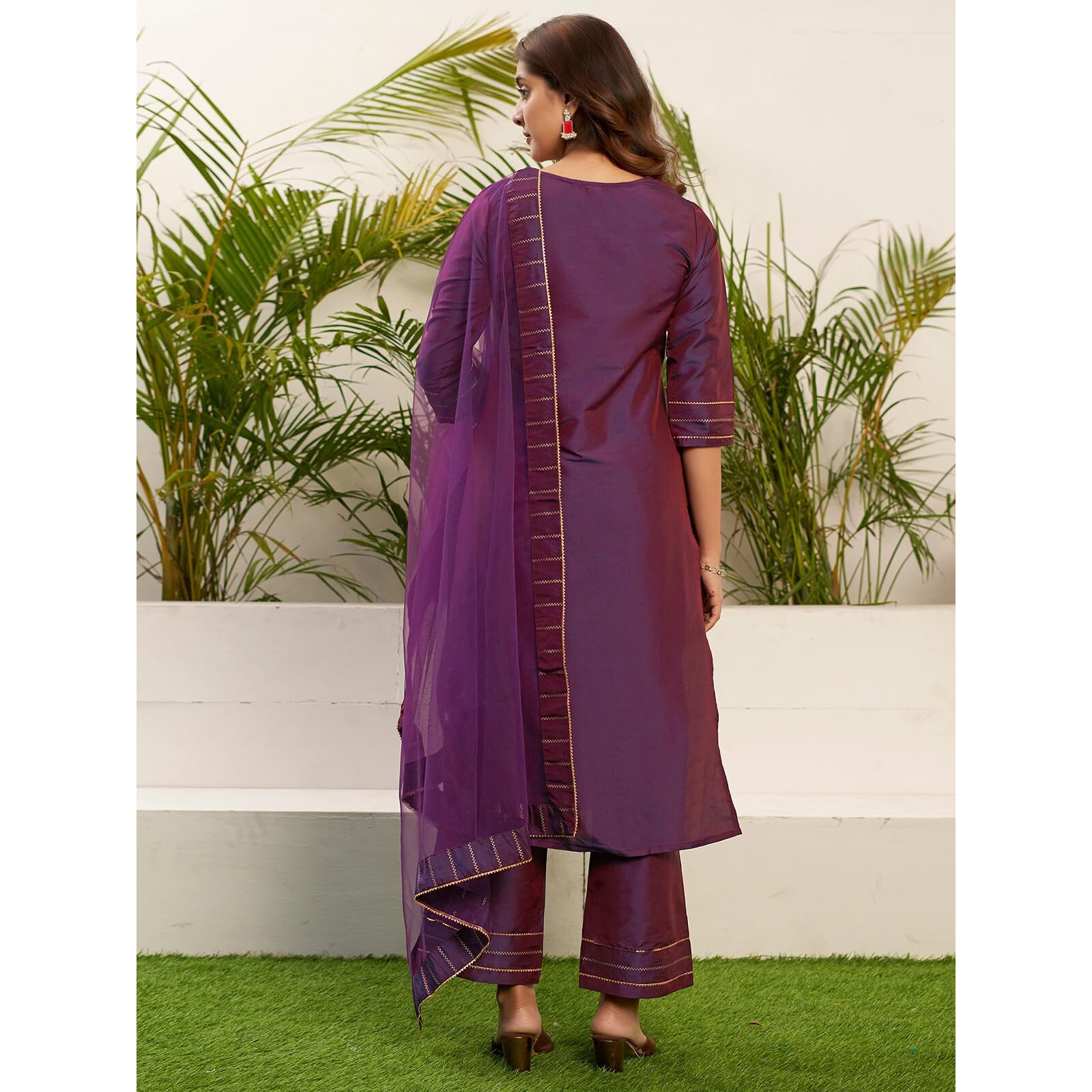 Sanisa Women's Silk Blend Foil Printed Gota Lace Dual Tone Straigth Kurta with Pant and Dupatta Set| Ethnic Set | Suit Set | Kurta Set(103KBD1127N-S_Deep Purple)