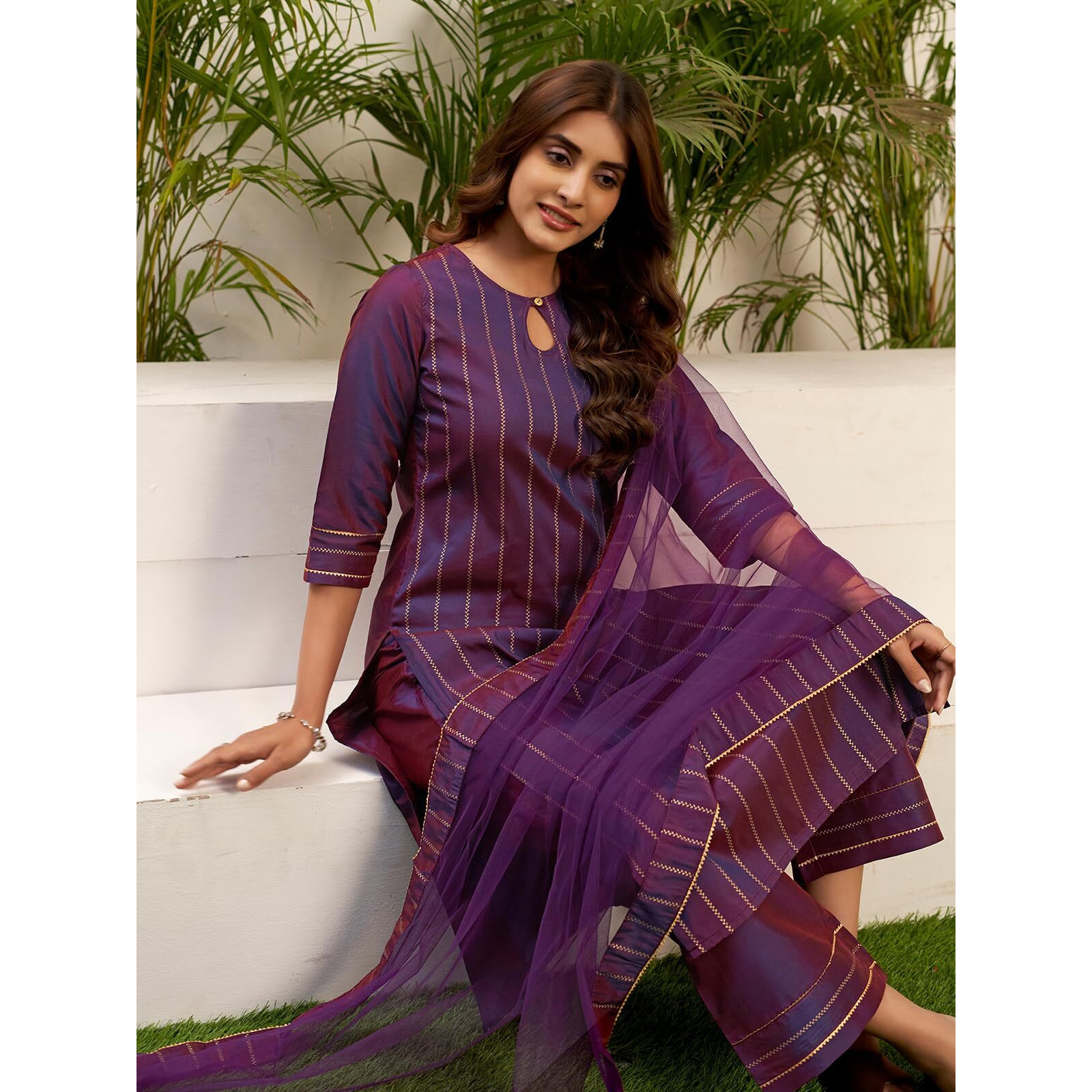 Sanisa Women's Silk Blend Foil Printed Gota Lace Dual Tone Straigth Kurta with Pant and Dupatta Set| Ethnic Set | Suit Set | Kurta Set(103KBD1127N-S_Deep Purple)
