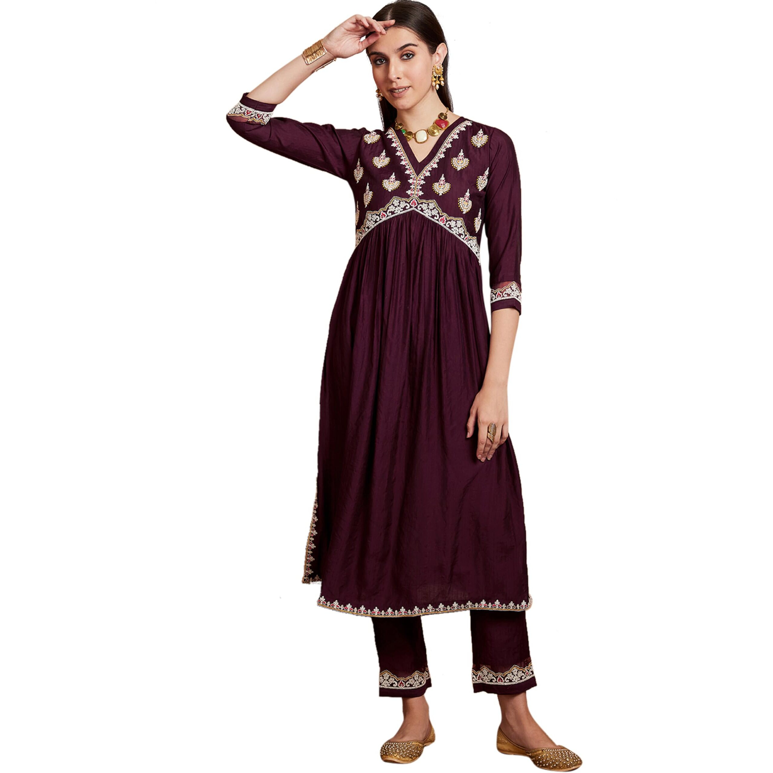 SheWill Women's Burgundy Purple Embroidered V-Neck Cotton Blend Flared Hem Alia Cut Kurta with Trousers | Navratri Kurta Set