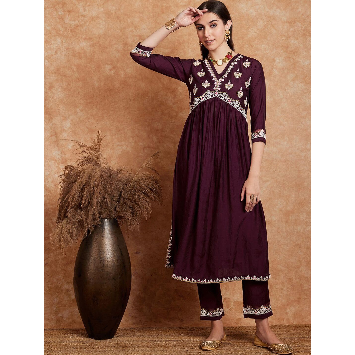SheWill Women's Burgundy Purple Embroidered V-Neck Cotton Blend Flared Hem Alia Cut Kurta with Trousers | Navratri Kurta Set