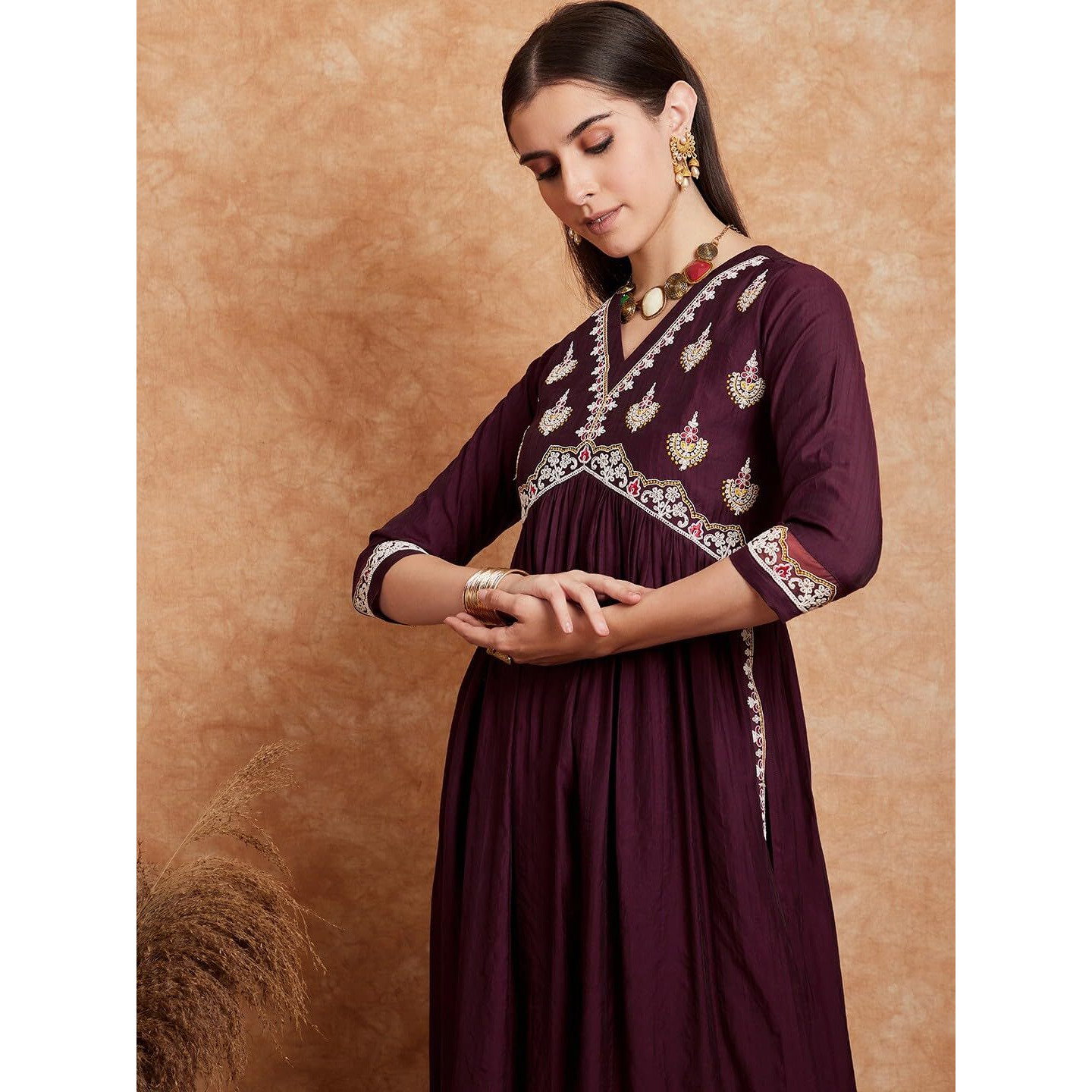 SheWill Women's Burgundy Purple Embroidered V-Neck Cotton Blend Flared Hem Alia Cut Kurta with Trousers | Navratri Kurta Set