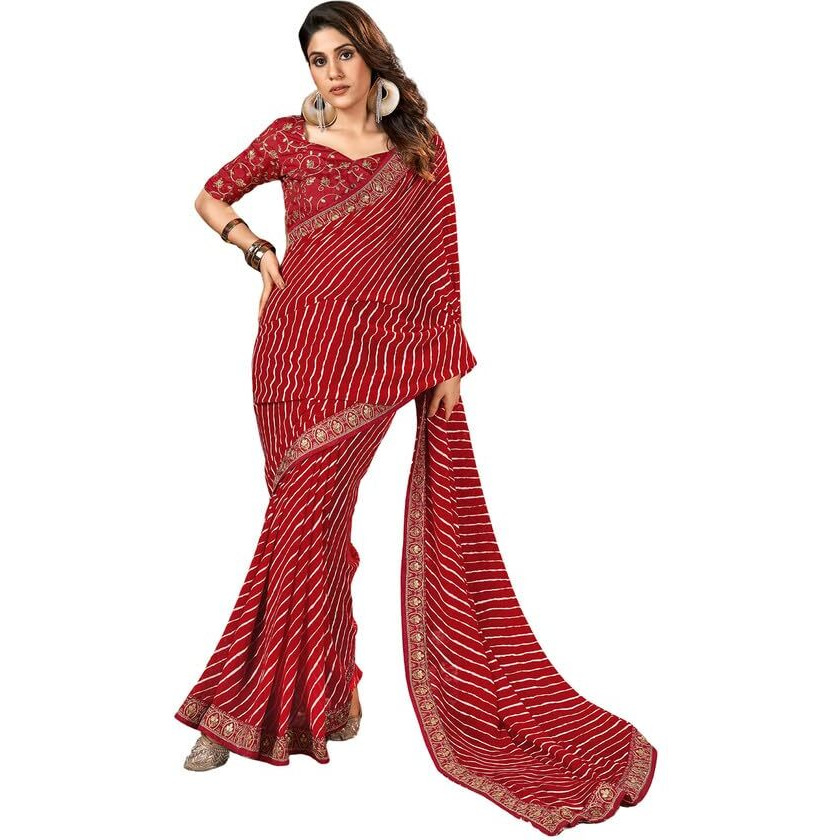 Satrani Women's Georgette Laheriya Printed & Embroidery Saree with Unstitched Blouse Piece (3252S582N_Red4)
