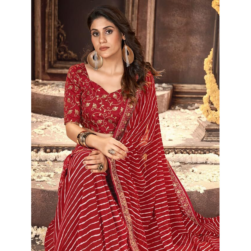 Satrani Women's Georgette Laheriya Printed & Embroidery Saree with Unstitched Blouse Piece (3252S582N_Red4)