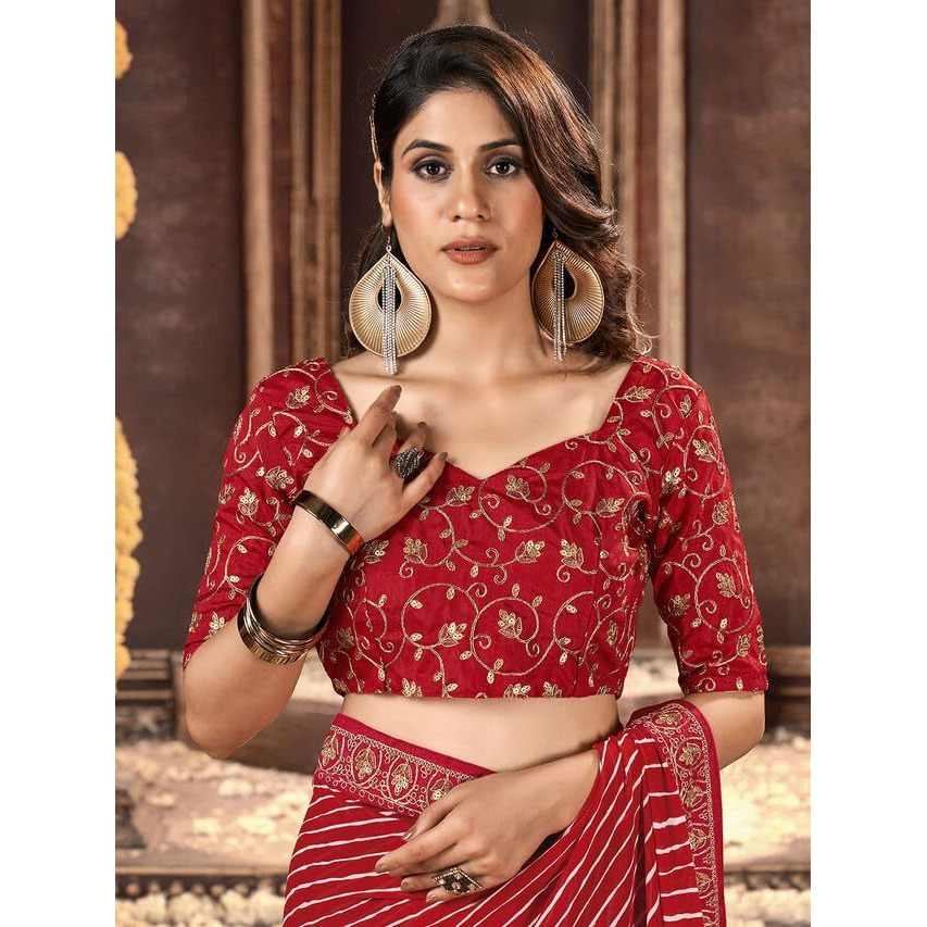 Satrani Women's Georgette Laheriya Printed & Embroidery Saree with Unstitched Blouse Piece (3252S582N_Red4)
