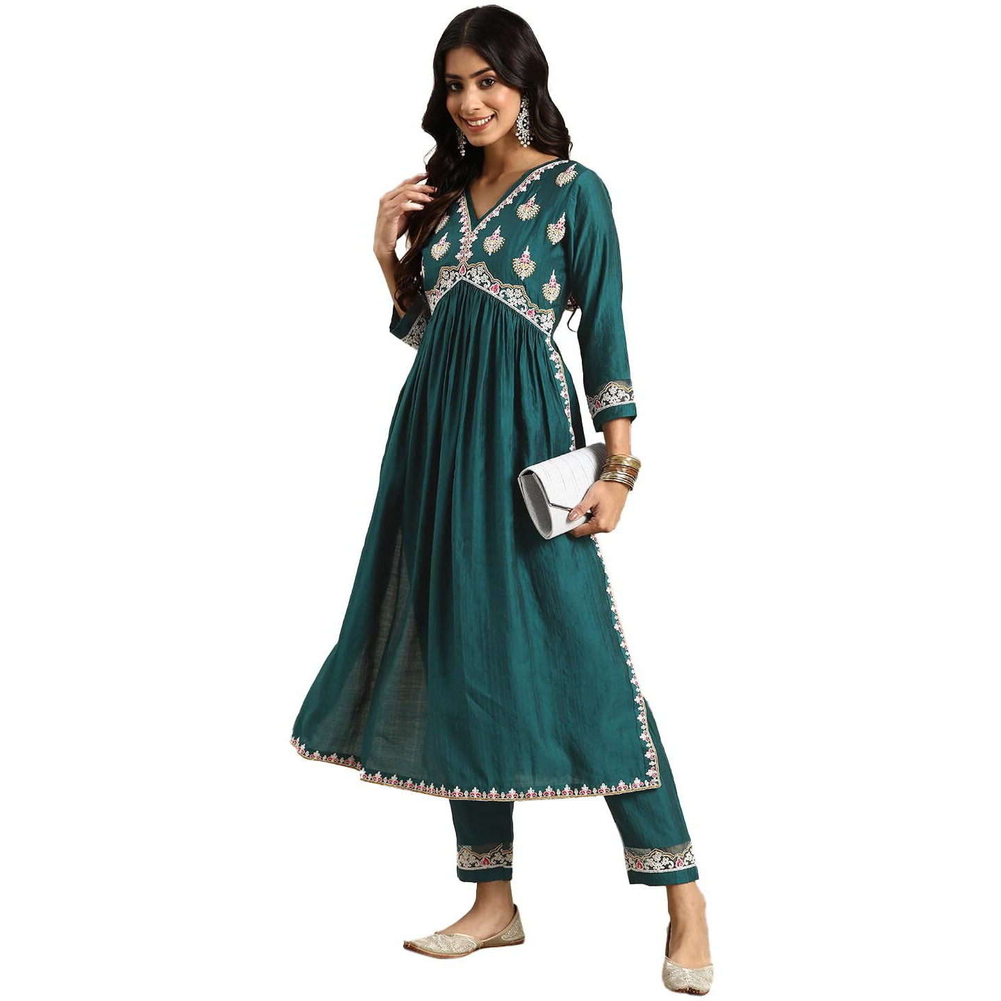 SheWill Women's Teal Green Embroidered V-Neck Cotton Blend Flared Hem Alia Cut Kurta with Trousers | Navratri Kurta Set