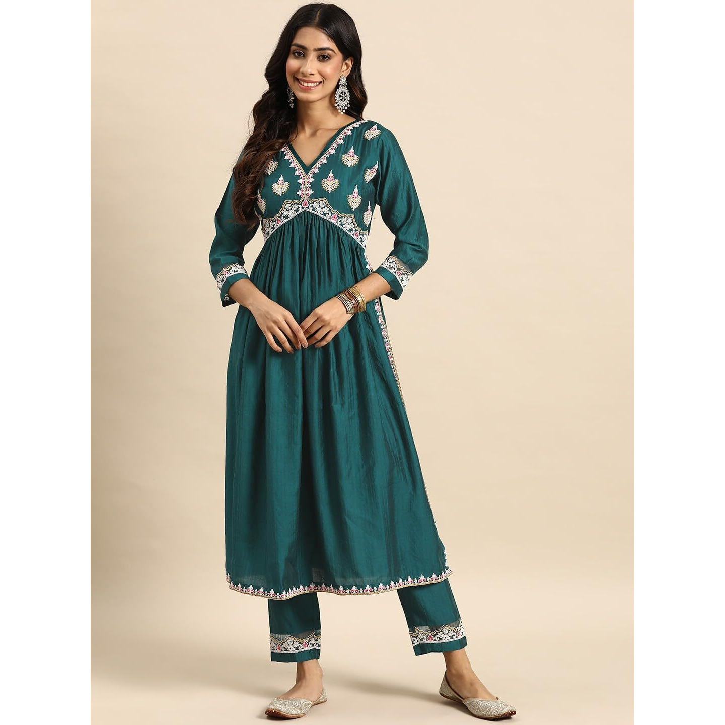 SheWill Women's Teal Green Embroidered V-Neck Cotton Blend Flared Hem Alia Cut Kurta with Trousers | Navratri Kurta Set