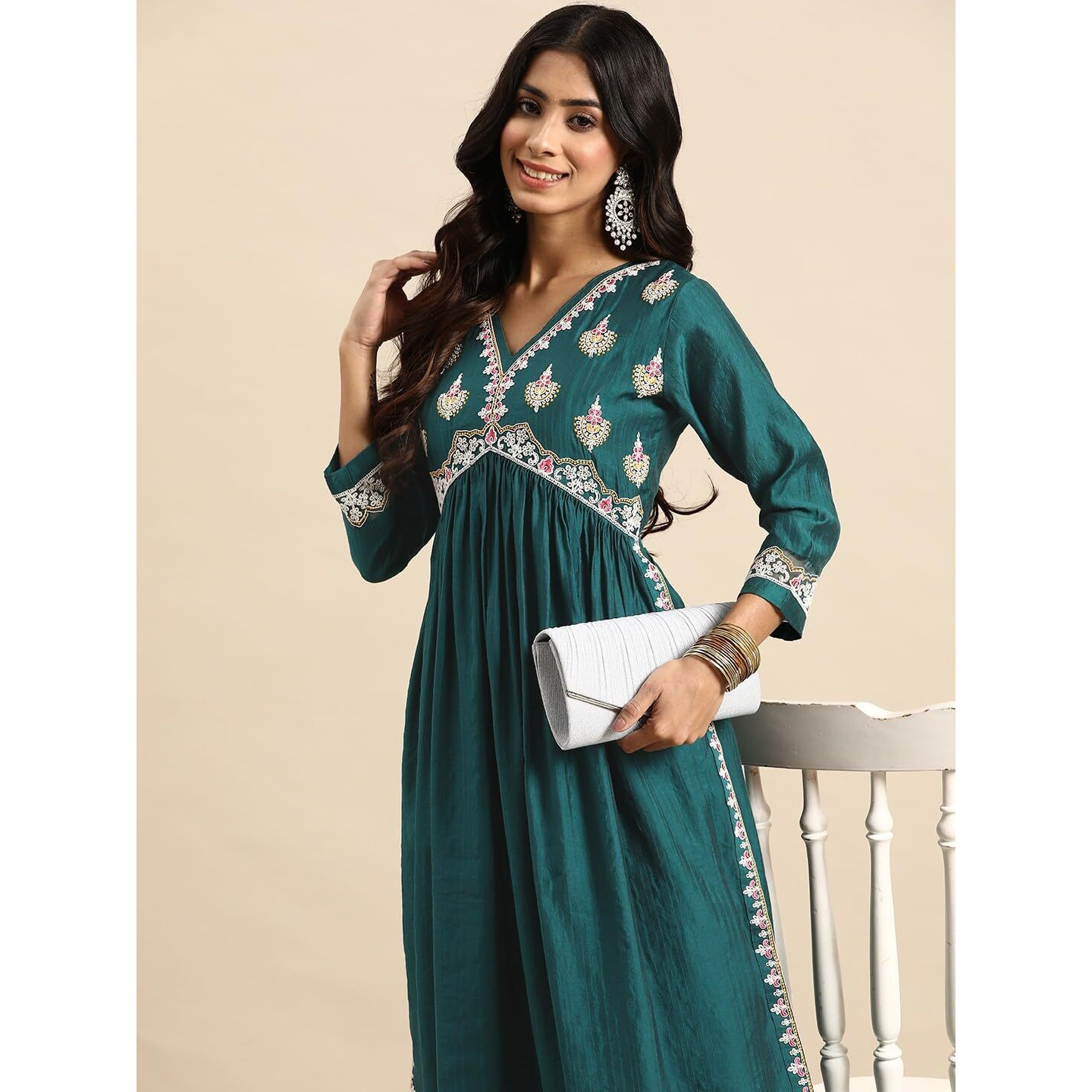 SheWill Women's Teal Green Embroidered V-Neck Cotton Blend Flared Hem Alia Cut Kurta with Trousers | Navratri Kurta Set
