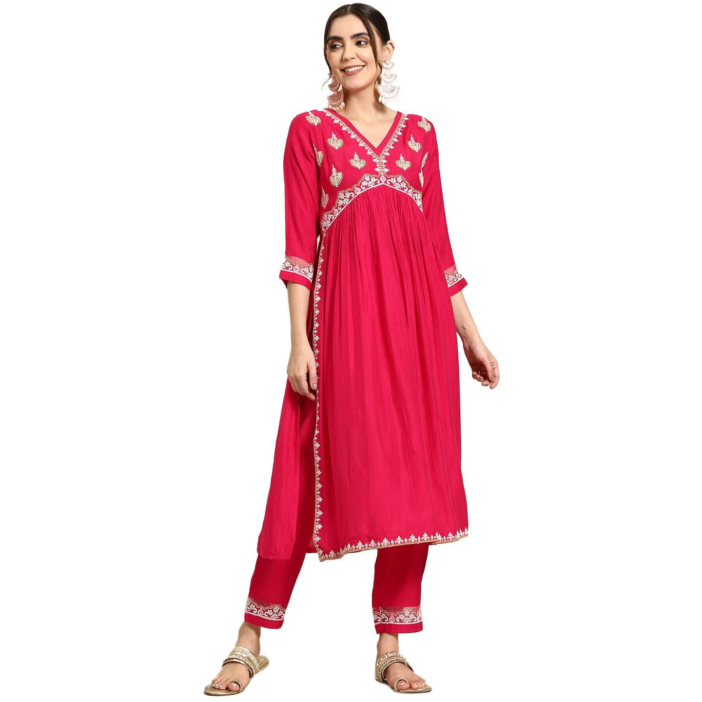 SheWill Women's Magenta Pink Embroidered V-Neck Cotton Blend Flared Hem Alia Cut Kurta with Trousers | Navratri Kurta Set