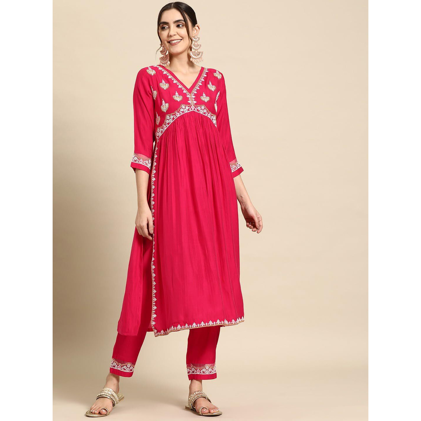 SheWill Women's Magenta Pink Embroidered V-Neck Cotton Blend Flared Hem Alia Cut Kurta with Trousers | Navratri Kurta Set