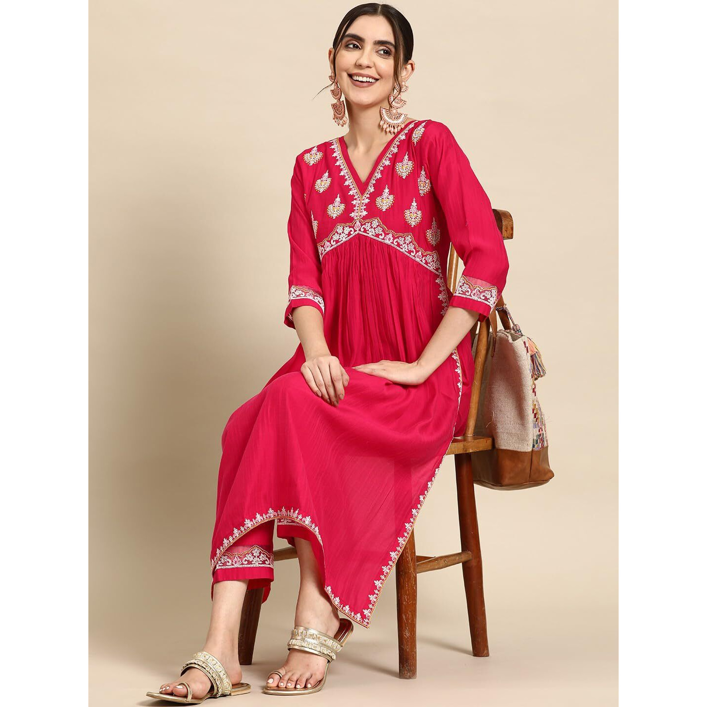 SheWill Women's Magenta Pink Embroidered V-Neck Cotton Blend Flared Hem Alia Cut Kurta with Trousers | Navratri Kurta Set