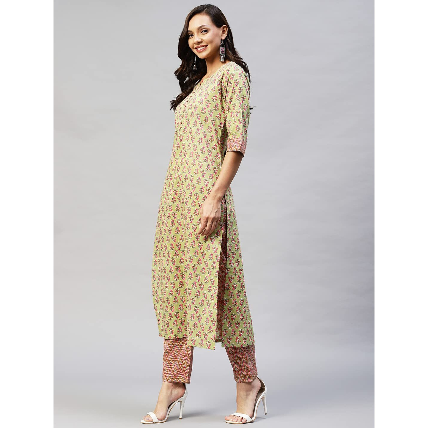 GoSriKi Women's Cotton Blend Straight Printed Kurta with Palazzo (Padwil Green_L-GO_ Green_Large)