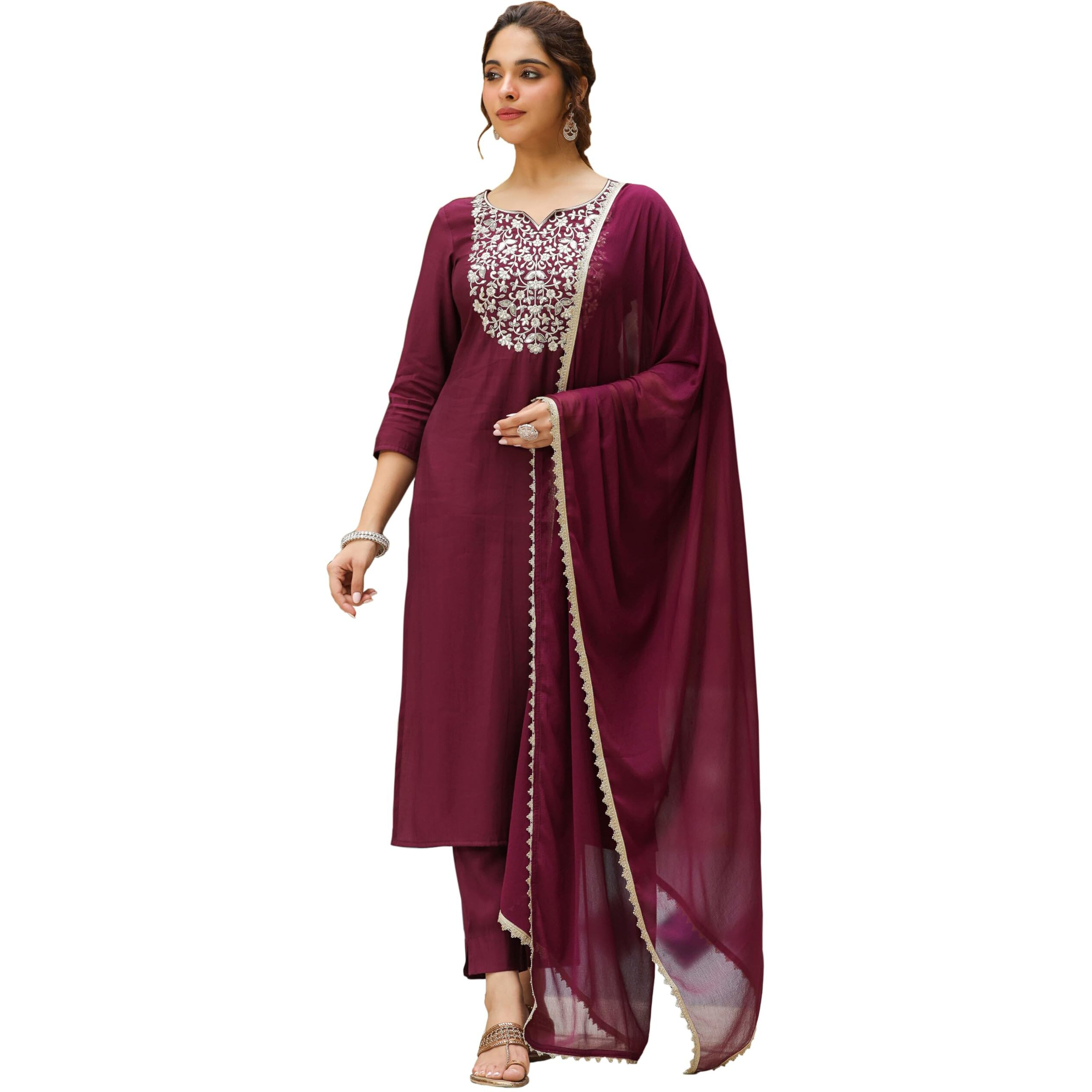 Janasya Women's Wine Chanderi Silk Yoke Embroidered Straight Kurta Set (JAB24ST00962-XL)