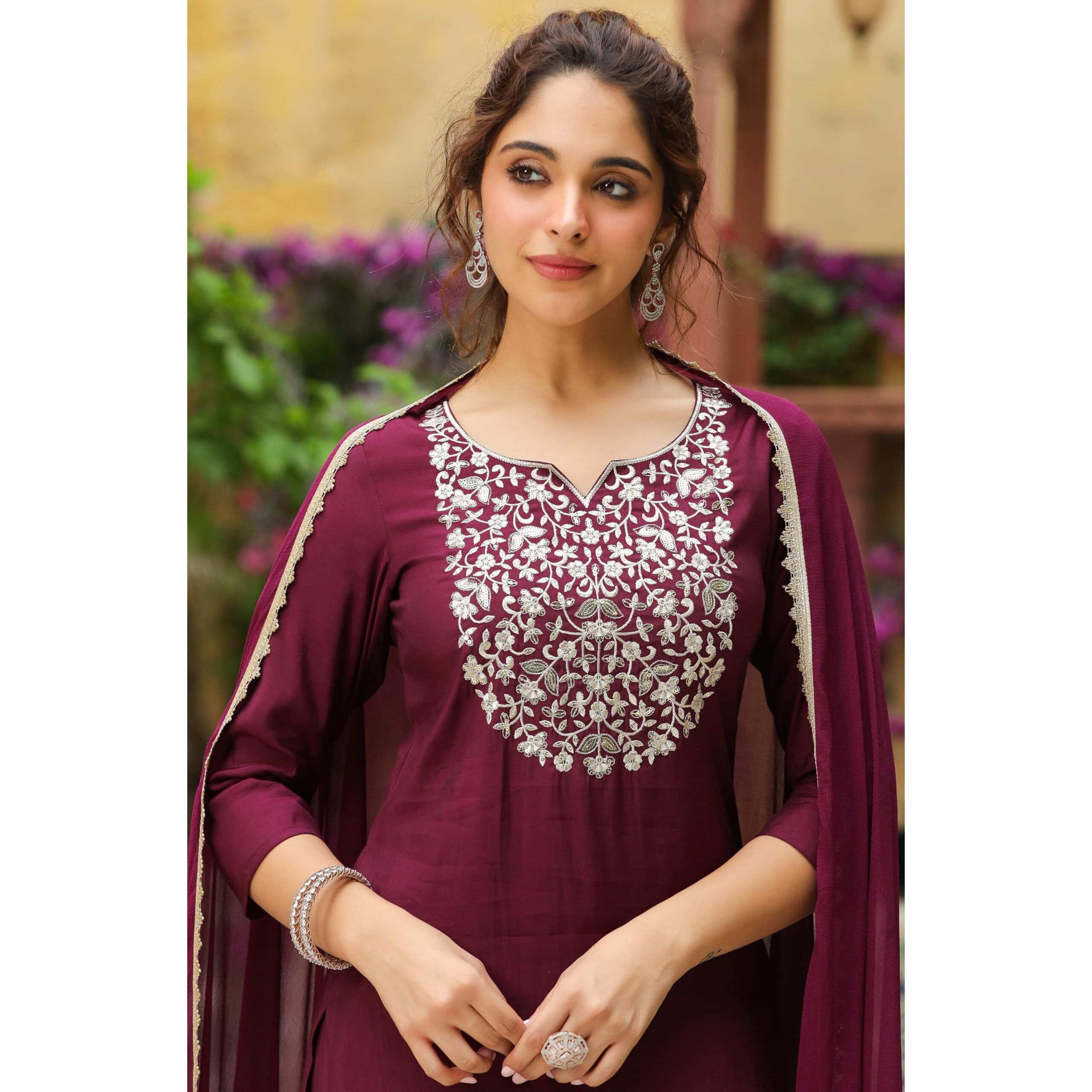 Janasya Women's Wine Chanderi Silk Yoke Embroidered Straight Kurta Set (JAB24ST00962-XL)