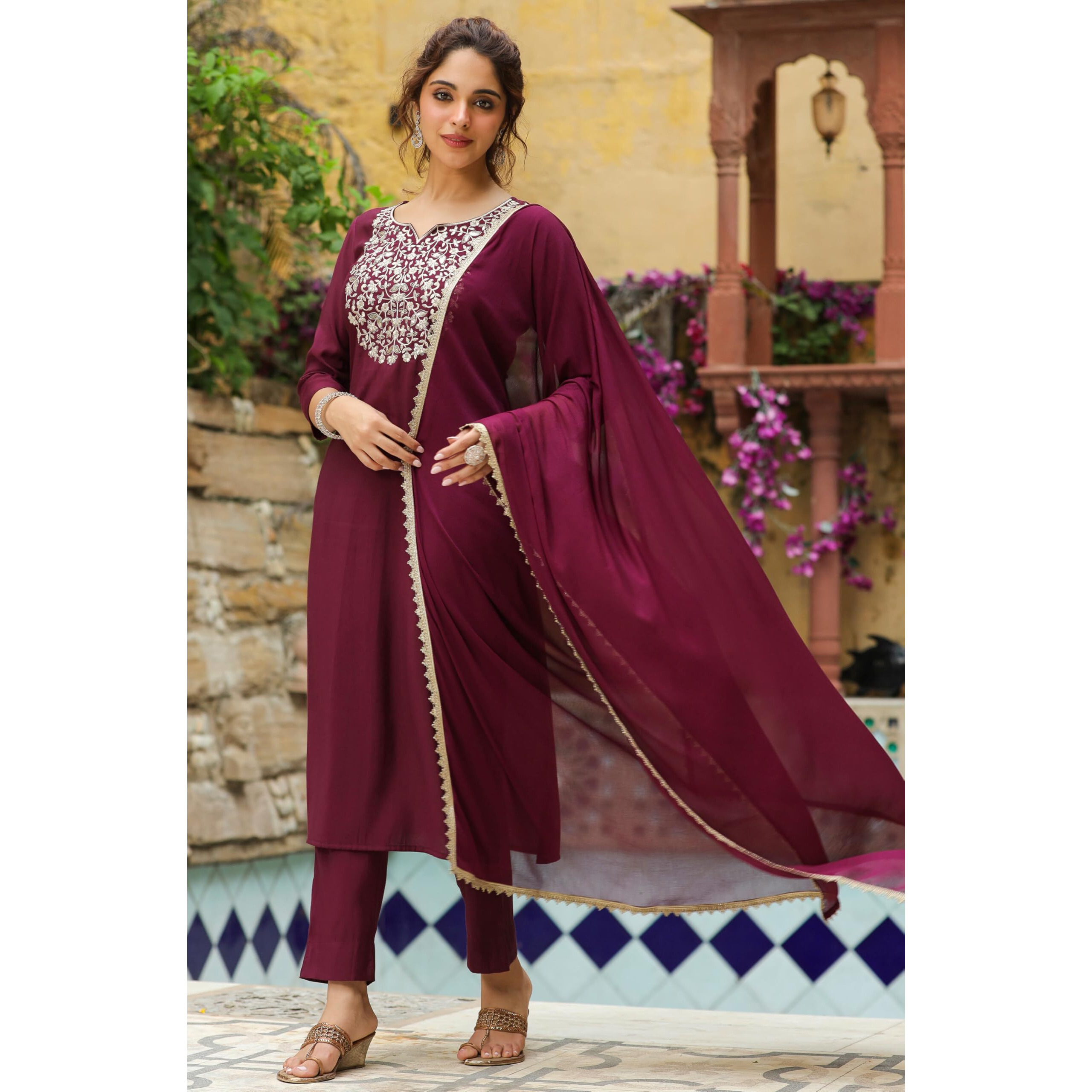 Janasya Women's Wine Chanderi Silk Yoke Embroidered Straight Kurta Set (JAB24ST00962-XL)
