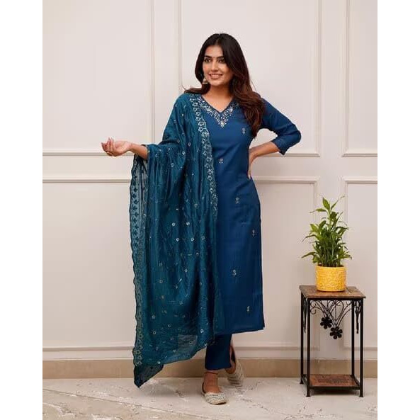 Anveri Textiles Women's Yellow Chanderi Silk 3/4 Sleeve V Neck Floral Embroidered Casual Regular Straight Kurti and Pant With Dupatta | Salwar Suit Sets for Women (205_SanaNavyblue_2XL)