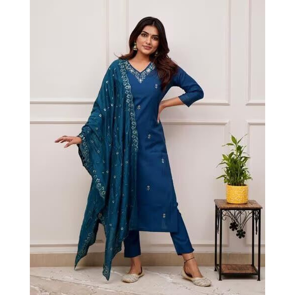Anveri Textiles Women's Yellow Chanderi Silk 3/4 Sleeve V Neck Floral Embroidered Casual Regular Straight Kurti and Pant With Dupatta | Salwar Suit Sets for Women (205_SanaNavyblue_2XL)
