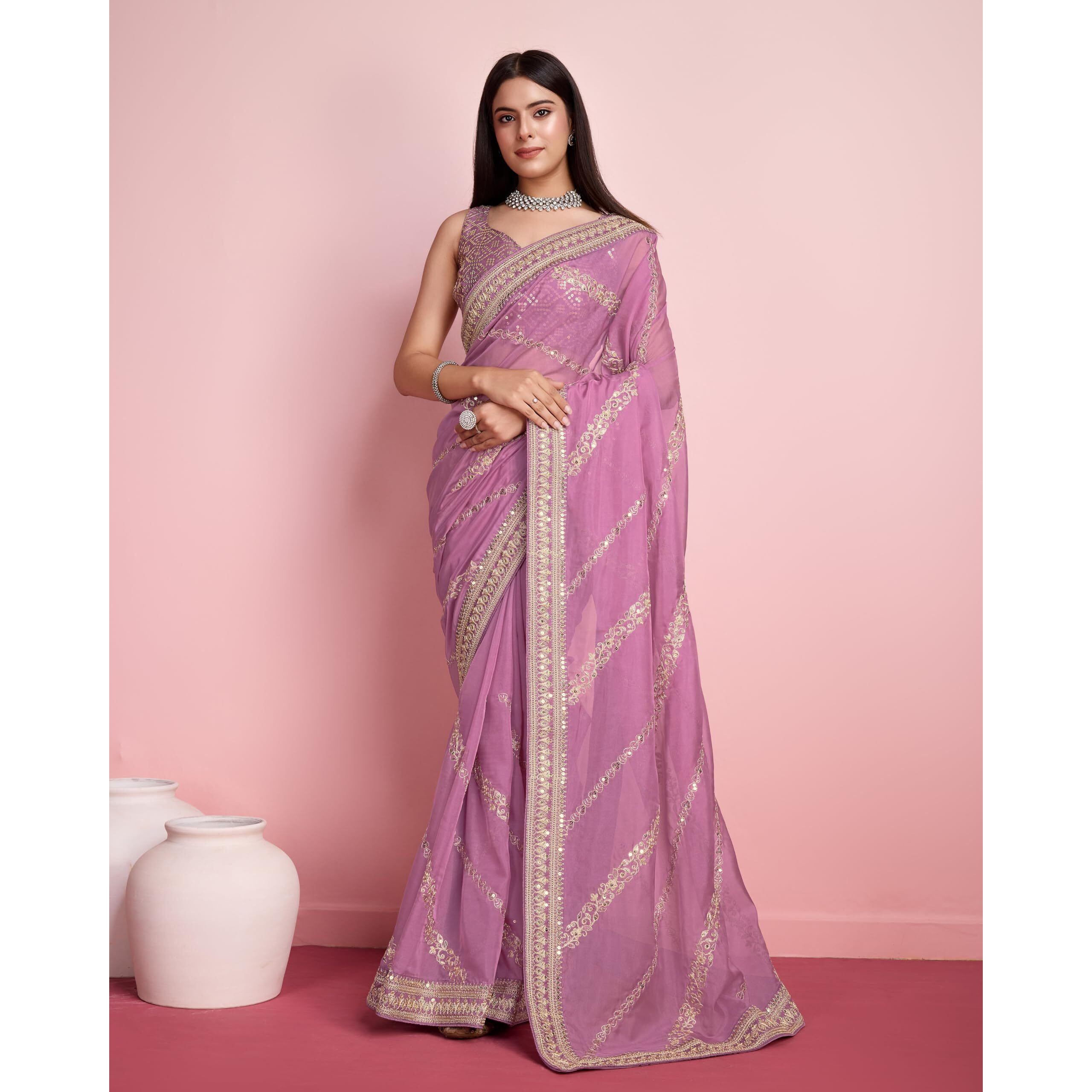 VAIRAGEE Women Soft Organza Purple Saree Pattern Embroidery Border Zari Work With Sequnce Saree (6249)