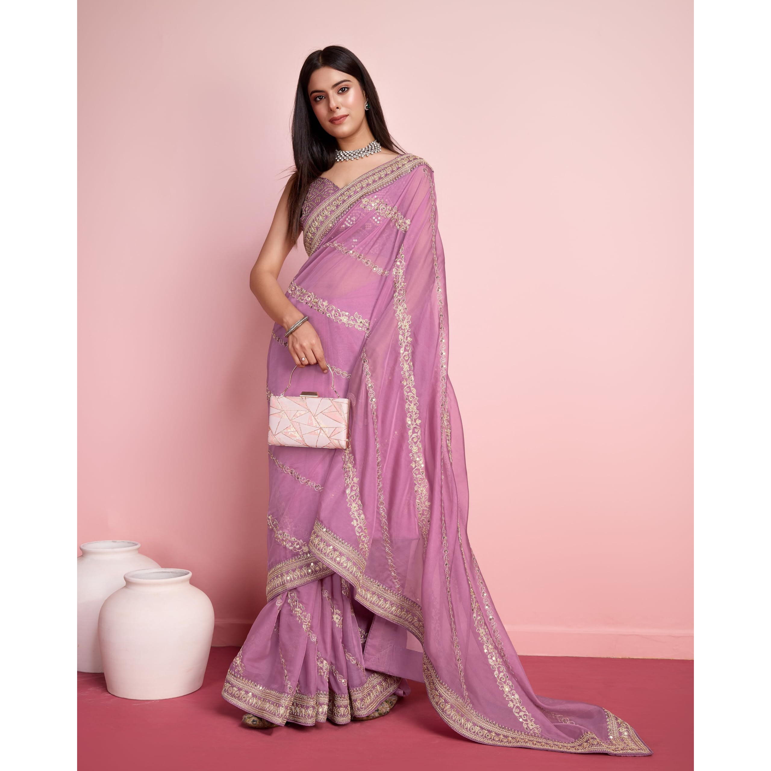 VAIRAGEE Women Soft Organza Purple Saree Pattern Embroidery Border Zari Work With Sequnce Saree (6249)