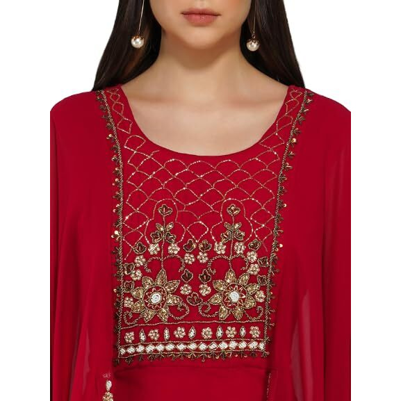 Ziva Fashion Women's Georgette Embroidered Regular Shirt (159REDL_Red