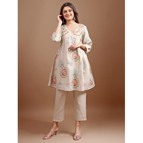 Womanista Women's Beige Colour Linen Multi Thread Embroidery Flared Tunic with Trouser coord Set(Co-ords_9102_XL)